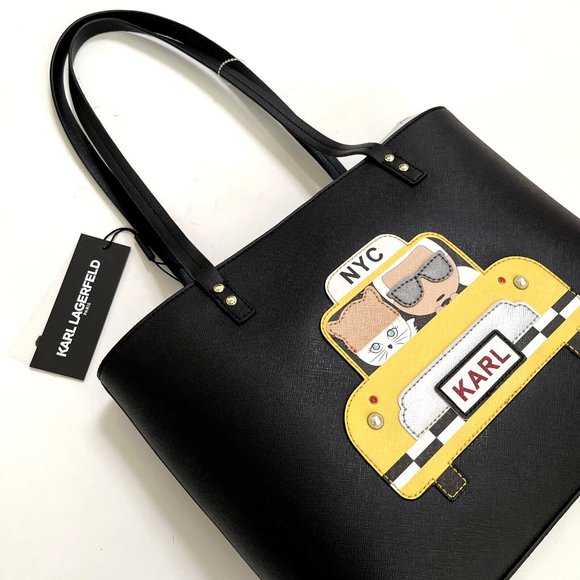 NWT $230 Karl Lagerfeld Paris Maybelle NYC Taxi Tote Bag – Black Faux Leather - Picture 2 of 11